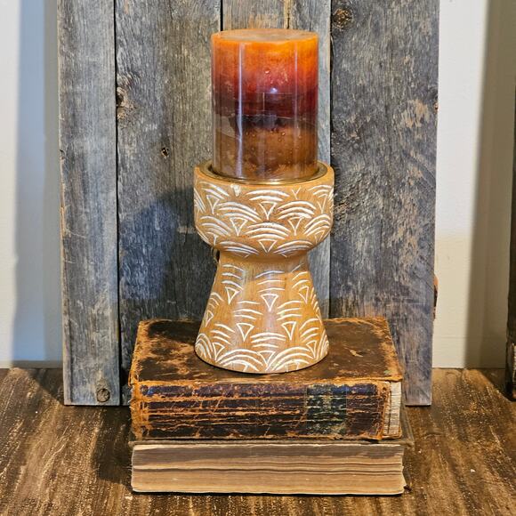 Vintage Opalhouse Bohemian Wood Pillar Candle Holders - Boho Home Decor Accents - Picture 4 of 8